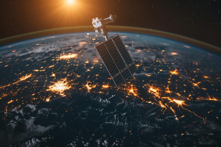 Satélite em órbita da Terra com painéis solares voltados para o Sol, planeta parcialmente iluminado mostrando luzes urbanas à noite e curvatura visível contra o fundo espacial estrelado.